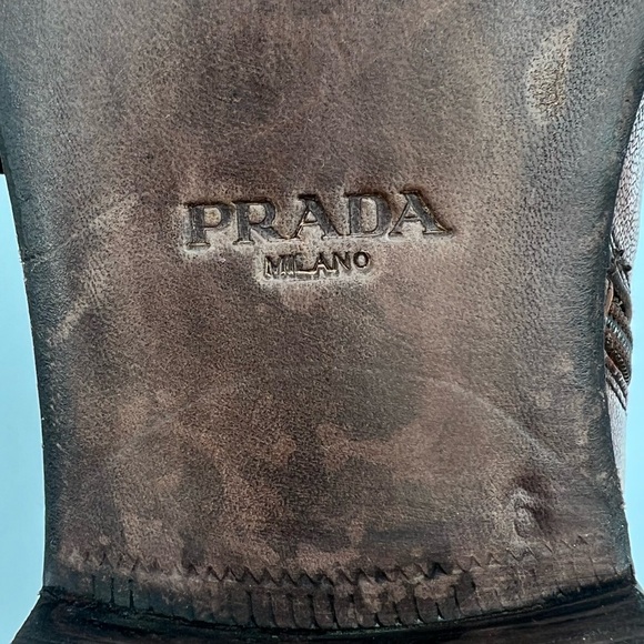 PRADA SAFFIANO BROWN SHOE  2 TONE POLISH LEATHER ANKLE BOOTS BLOCK STRAPPY MEN 6 - Picture 13 of 17